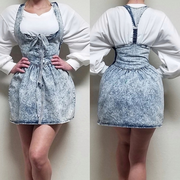 Vintage Dresses & Skirts - 80s Vintage Amy Too Byer California Acid Wash Cotton Lace-up Mini Skater Dress S